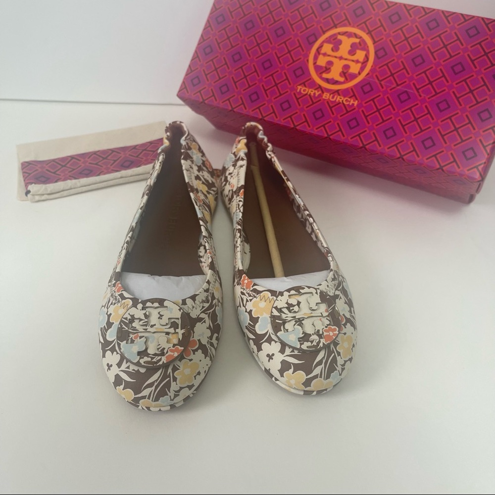 Tory Burch Floral Minnie Travel Ballet With Leather Logo NIB Reverie Combo Color - Picture 3 of 14